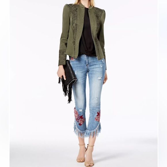 Stylish I.N.C. Puffed-Shoulder Lace-Contrast Jacket in Green | Medium - Picture 6 of 7